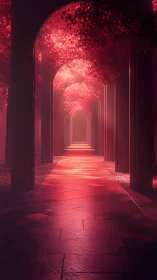 Colonnaded corridor under luminous red canopy with volumetric light