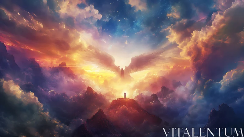 Celestial winged guardian above luminous mountain summit.