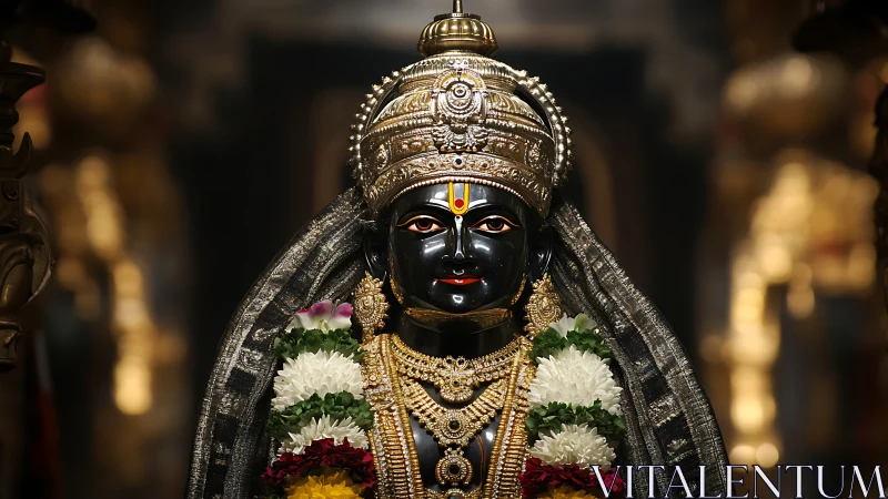 Radiant Hindu deity statue glows in gold and vivid flowers