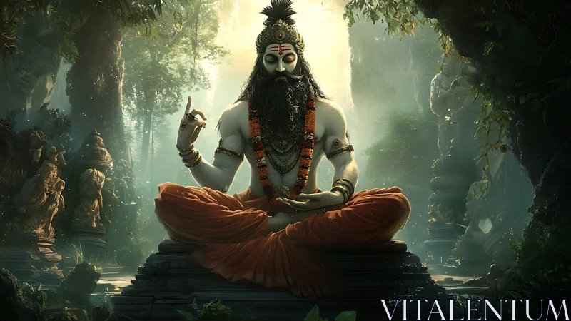 Mystic sage meditates in luminous ancient jungle temple