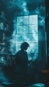 Backlit reader silhouette in teal atmospheric study room.