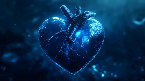 Futuristic glowing blue human heart in digital art style.
