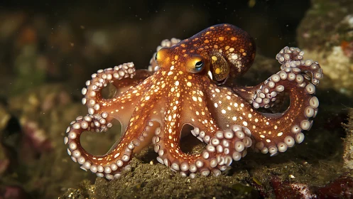 Vibrant reef octopus with curled tentacles in dark seabed.