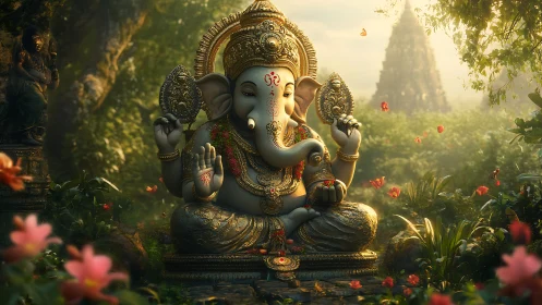 Divine Ganesha idol amid ethereal jungle light and petals.