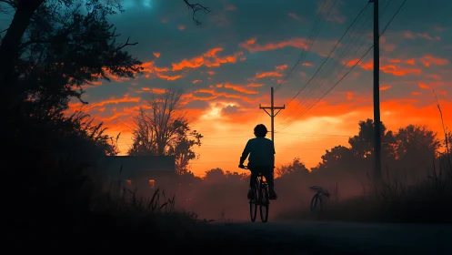 Solitary Cyclist Pedals Through Molten Sunset Haze.