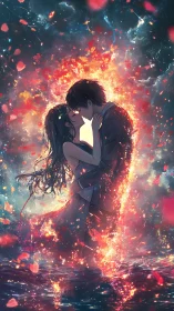 Starlit embers crown two lovers locked in a cosmic kiss