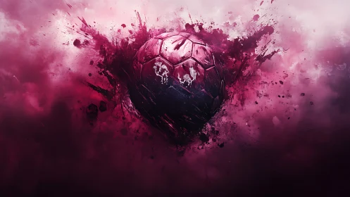 Exploding magenta soccer ball shatters through swirling clouds.