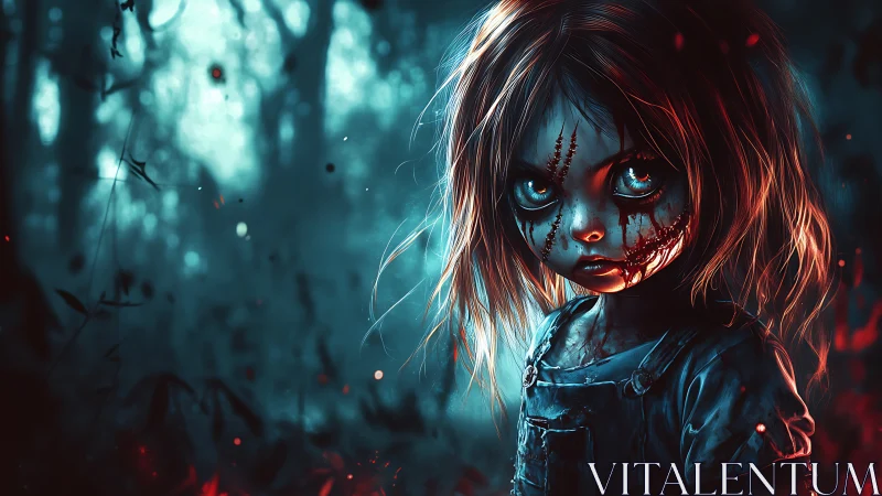 Scarlet-eyed forest doll haunts the twilight burning blue.