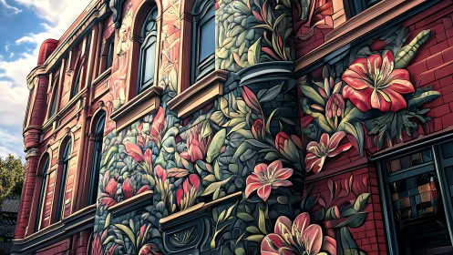 City facade blooms into towering mural garden of lilies.