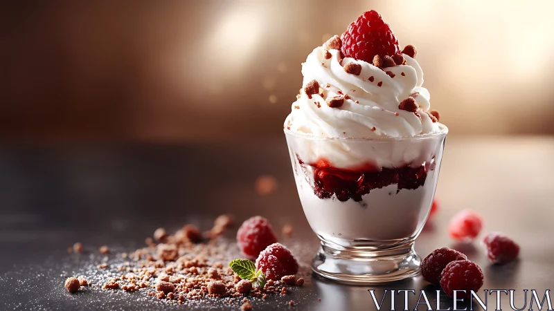 Glass dessert cup with whipped cream, raspberries, and crumbs.