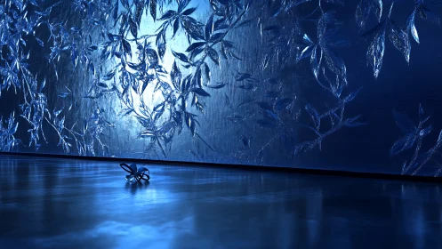 Glimmering blue leaves casting quiet light across the floor.