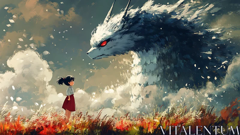 Girl facing large wolf spirit in stormy painted field.