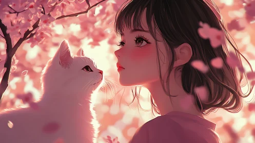 Girl and white cat share quiet gaze under cherry blossoms.
