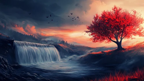 Digital landscape shows waterfall, river, tree, and sky lighting