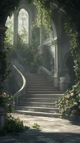 Overgrown neoclassical staircase bathed in diffused volumetric light