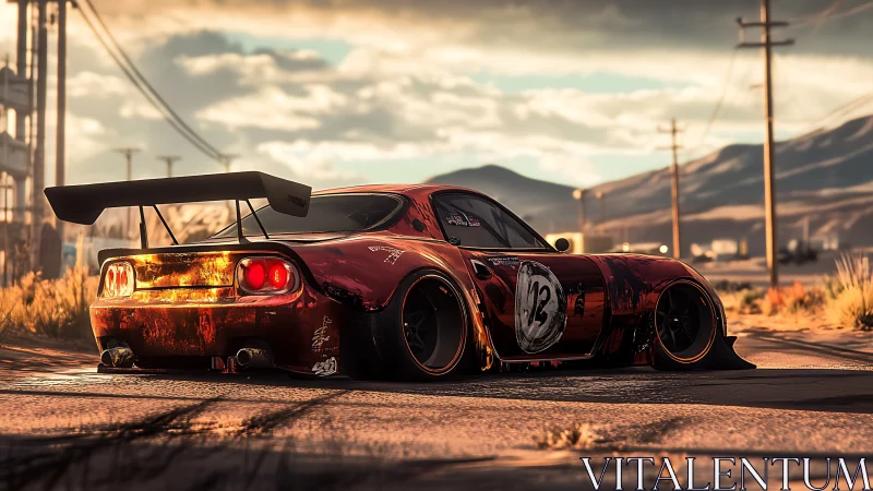 Widebody race car sits low on cracked desert roadside