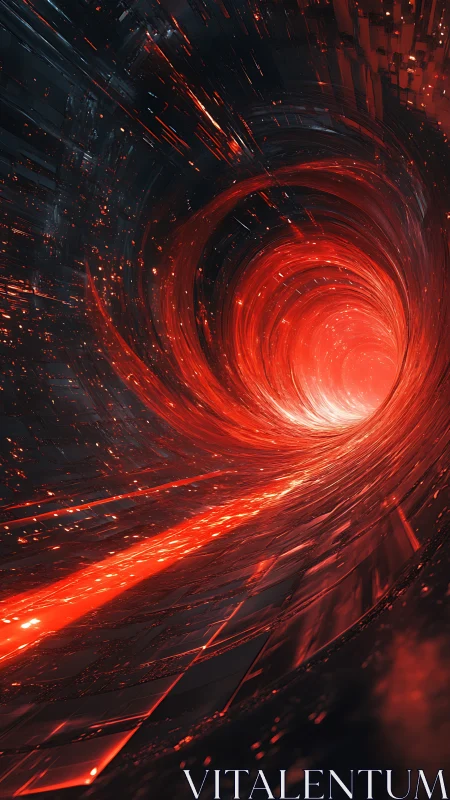 Red energy vortex spirals through dark digital tunnel space