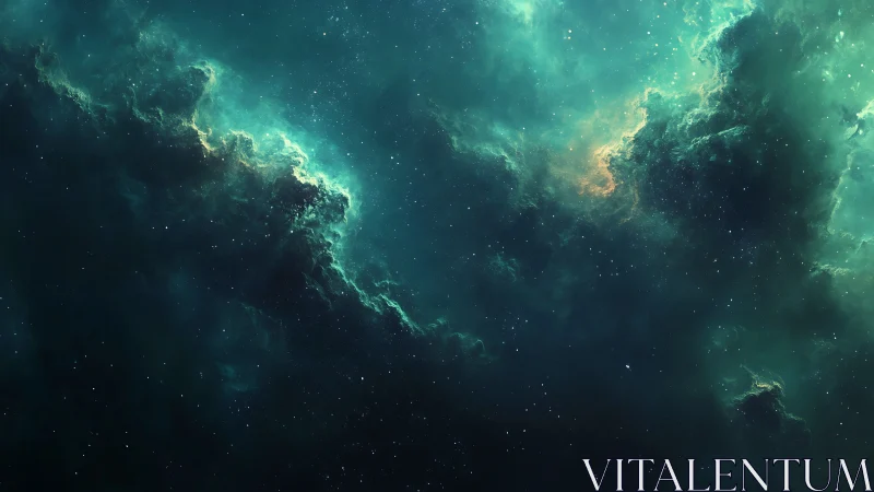 Emerald nebular clouds drift across a star-dense cosmic field