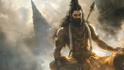 Meditating warrior sage amid swirling temple clouds.