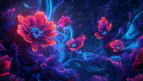 Neon bioluminescent flowers in abstract underwater field.