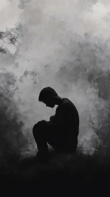 Silhouetted person sits curled in fog-like grayscale haze