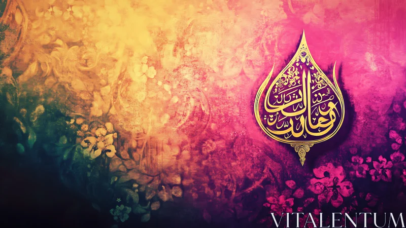 Arabic calligraphy emblem on textured floral gradient field.