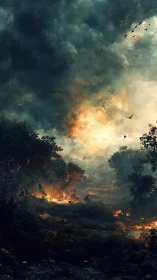 Catastrophic Wildfire with Towering Smoke and Descending Birds.