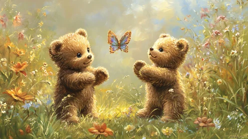 Two playful teddy bears watch bright butterfly over meadow