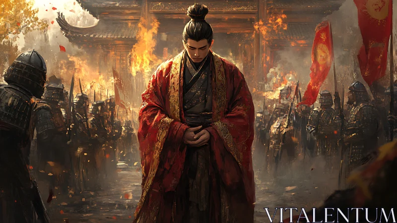 Warlord emperor walks through burning palace courtyard