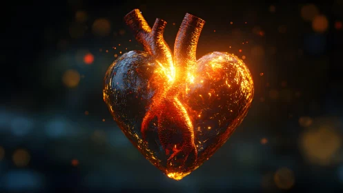 Glowing Anatomical Heart in Fiery Digital Art Style.