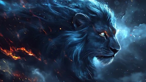 Side profile of luminous blue lion amid dark nebula.