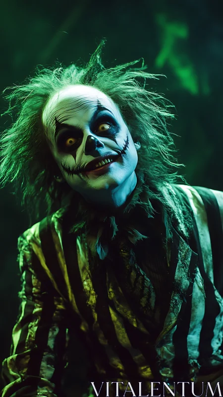 Creepy clown figure in striped suit with eerie green lighting.