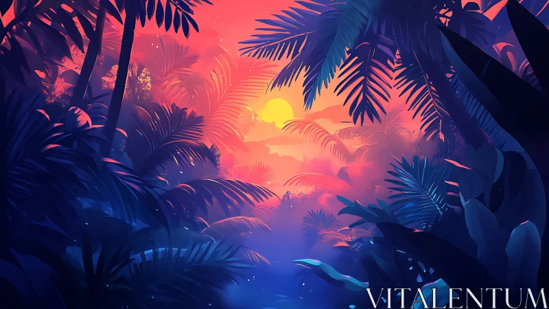 Tropical Sunset Through Lush Palm Forest Canopy.