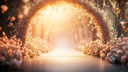 Golden floral archway frames ethereal sunlit garden path.