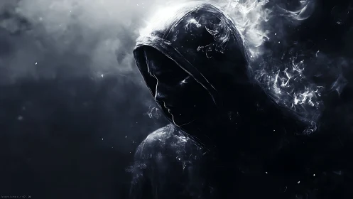 Hooded figure dissolves into swirling smoke and shadowed light