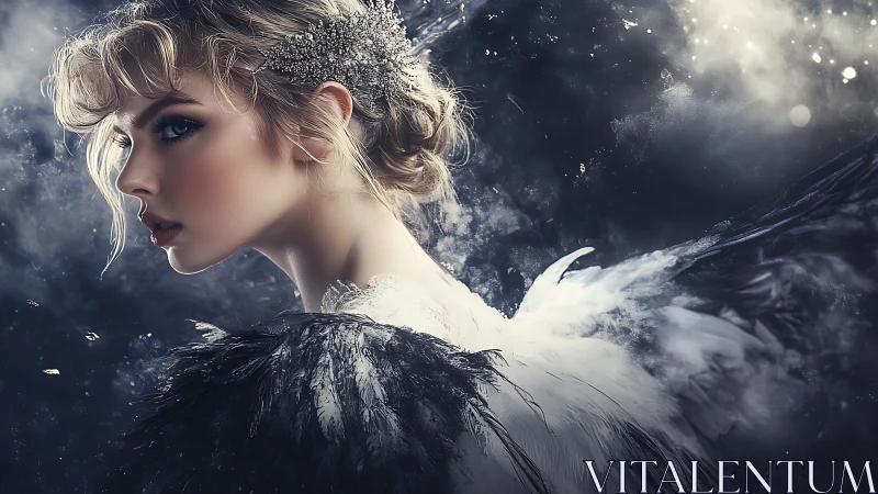 Luminous winged portrait with high-contrast celestial lighting.