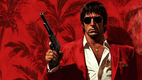 Stylized armed figure in red suit before palm frond backdrop.