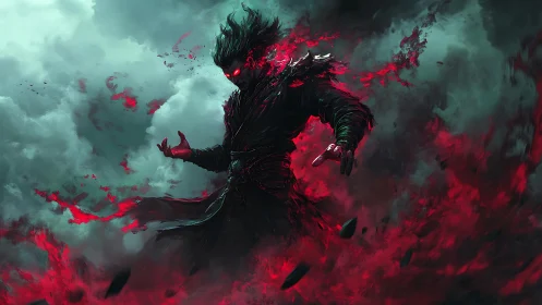 Storm-born dark mage wrapped in vivid crimson power.