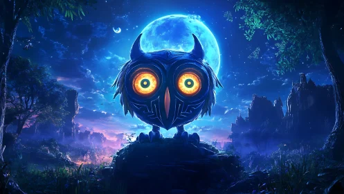 Cybernetic owl under luminous moon in fantasy forest
