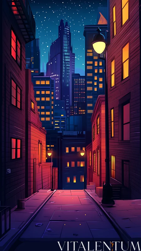 Urban night alley with illuminated windows and skyline.