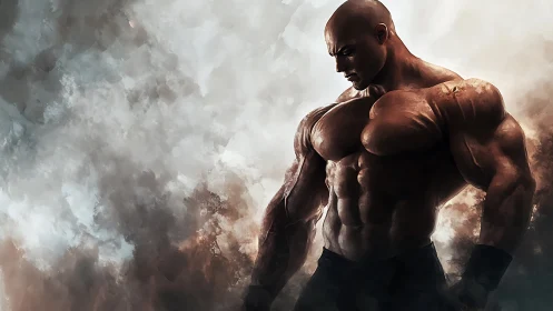Muscular male figure stands shirtless against cloudy backdrop