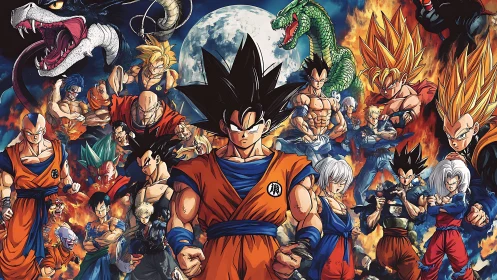 Dynamic shonen ensemble in high-impact anime composition.