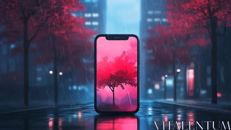 Smartphone frames neon red tree in rainy night street