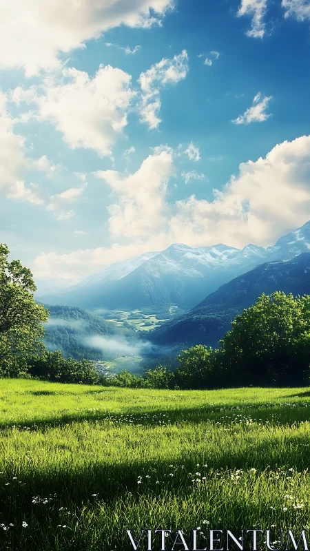 Sunlit alpine valley rendered in high-depth digital painting