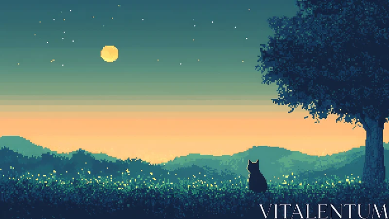 Moonlit cat beneath lone tree in tranquil pixel dusk.