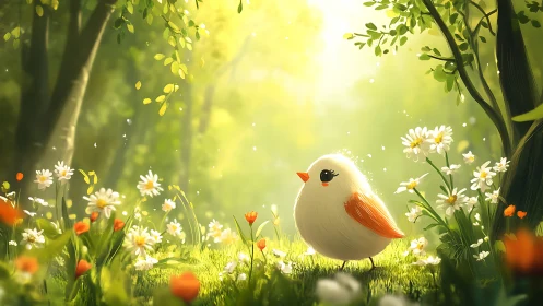 Round white songbird rests in glowing forest meadow