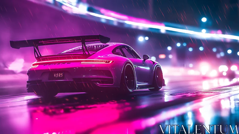 Neon-soaked sports car racing through futuristic rainstorm.