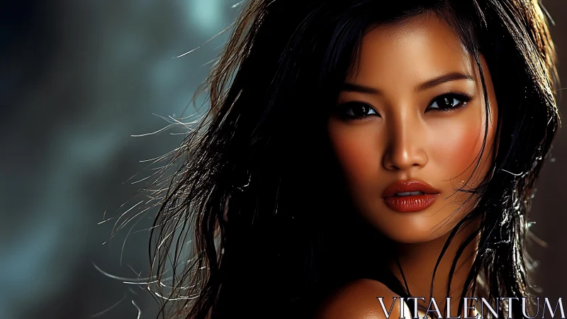 Specular-lit digital portrait with cinematic wet-hair detailing.