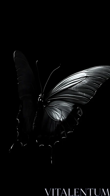 Glossy monochrome butterfly on solid black background.