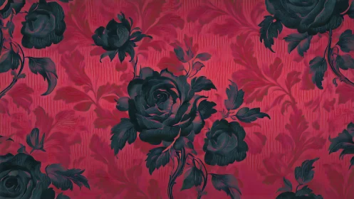 Deep teal roses on crimson damask floral background design.